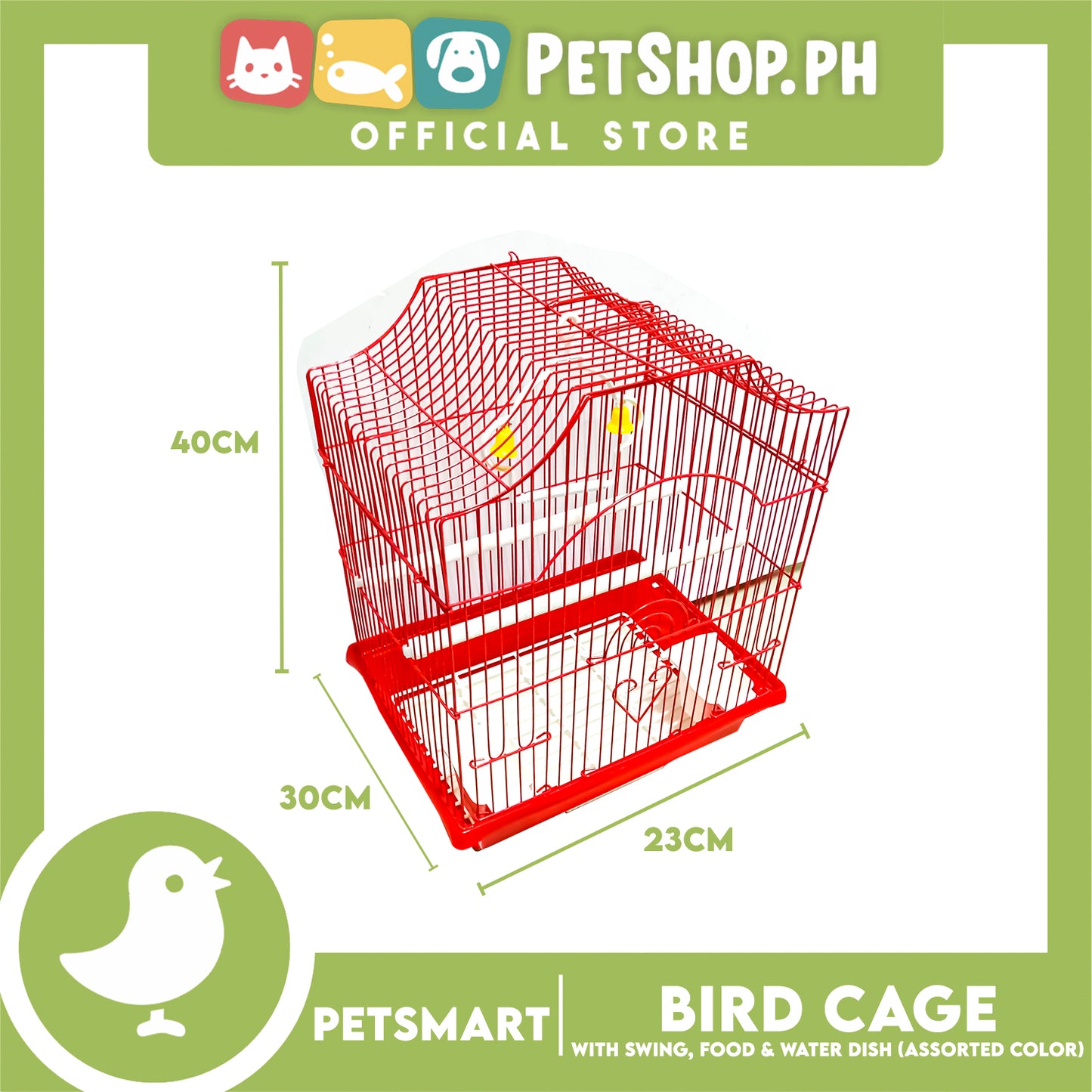 Bird Cage with Swing, Food and Water Dish #1002 (Assorted Color) , 30cm x 23cm x 40cm