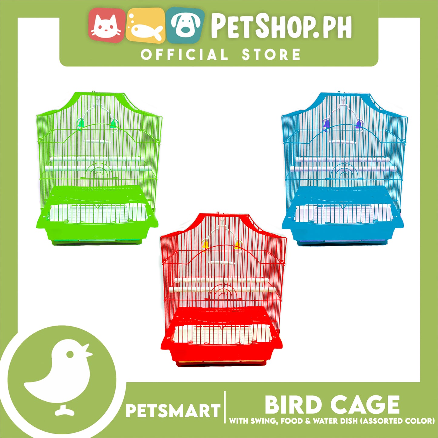 Bird Cage with Swing, Food and Water Dish #1002 (Assorted Color) , 30cm x 23cm x 40cm