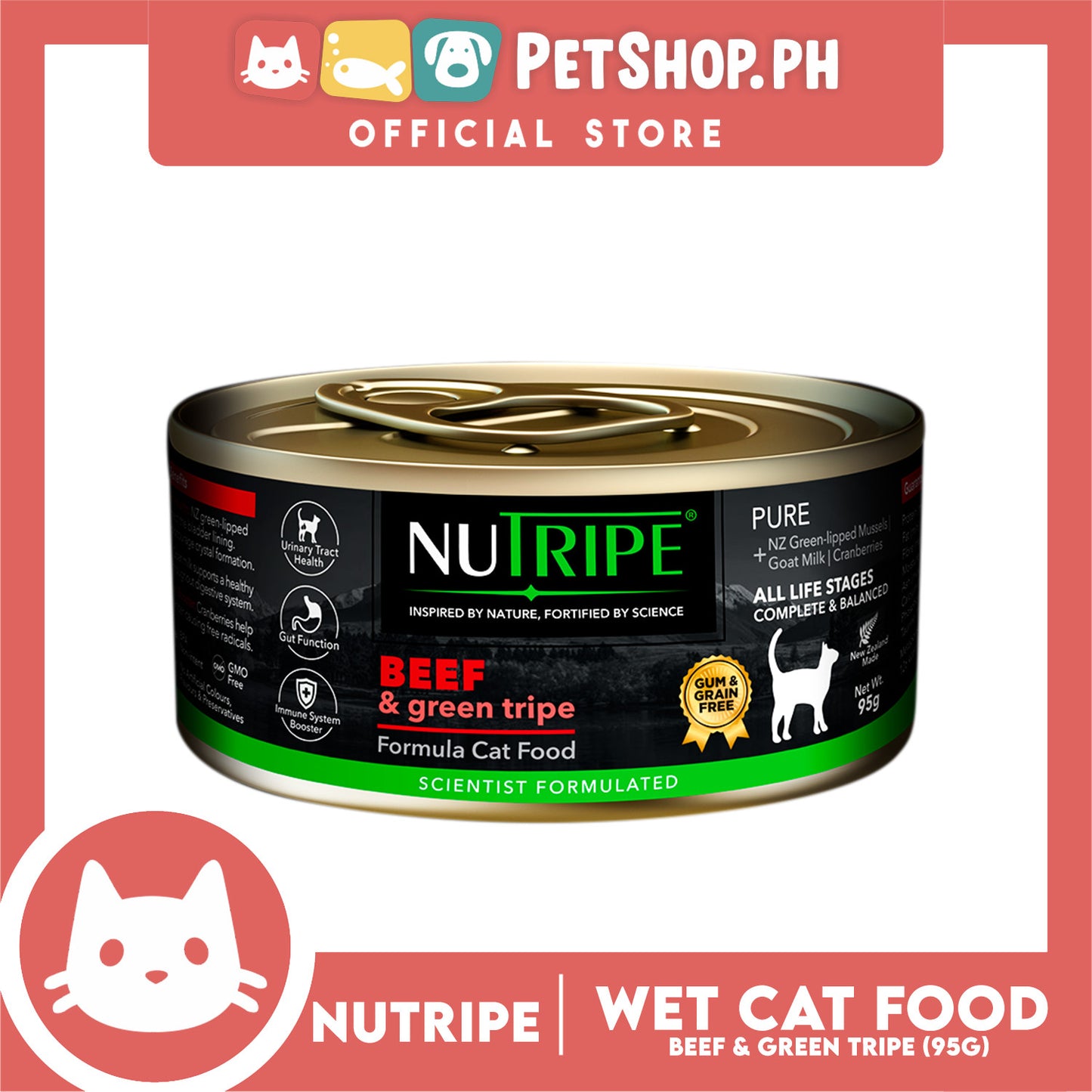 Nutripe Beef and Green Tripe Pure (Gum-free) 95g Cat Wet Food for All Life Stages