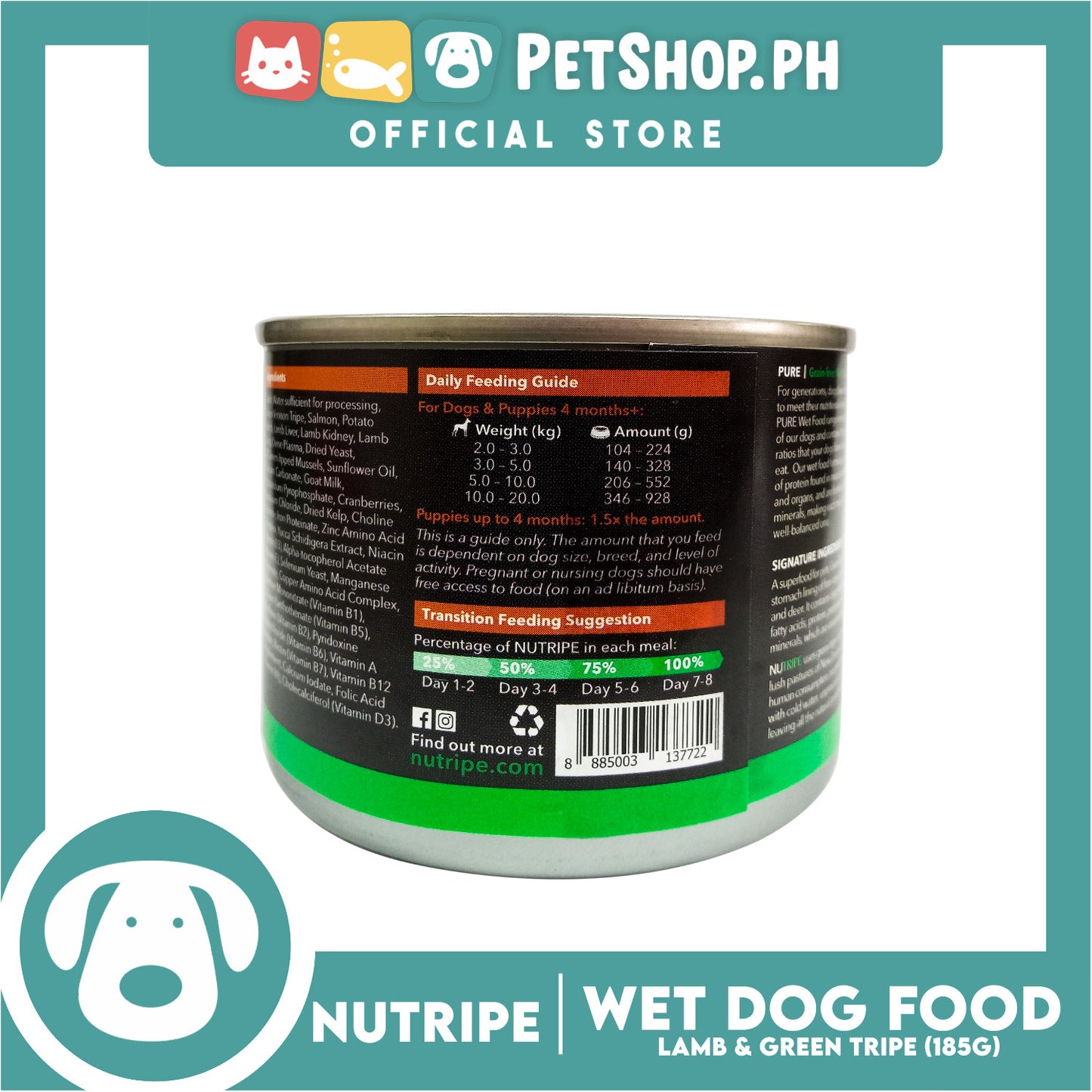 Nutripe Lamb and Green Tripe Pure (Gum-free) 185g Dog Wet Food for All Life Stages