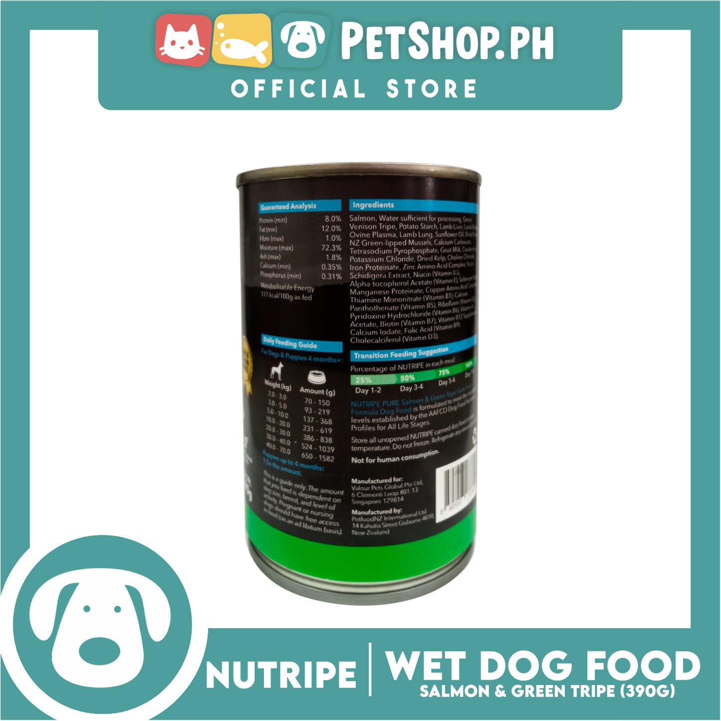 Nutripe Salmon and Green Tripe Pure (Gum-free) 390g Dog Wet Food for All Life Stages