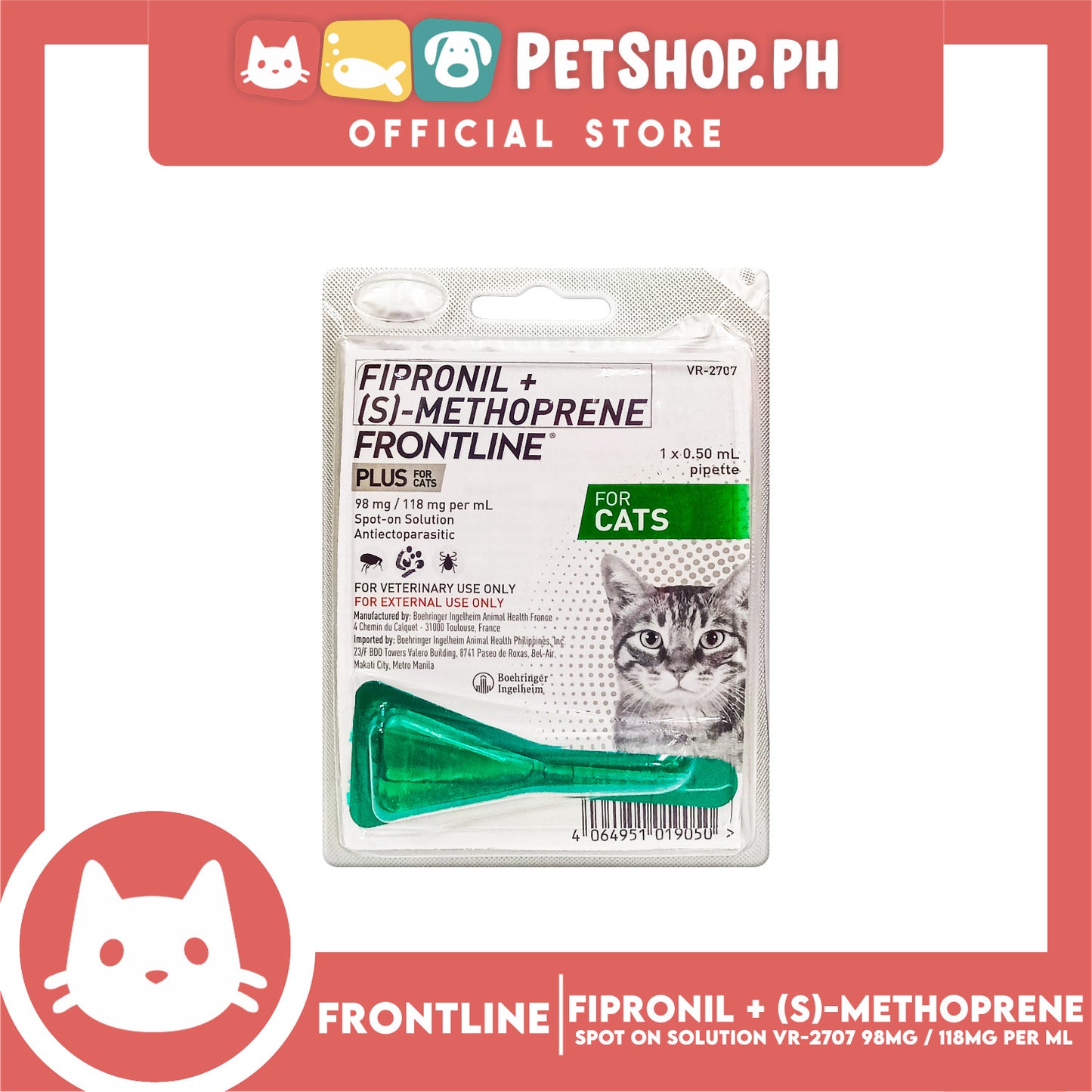 Frontline Plus For Cats 1 Pipette 0.50ml Anti Tick And Flea Spot-On Anti Itch Safe For Lactating and Pregnant Cats No Prescription Required