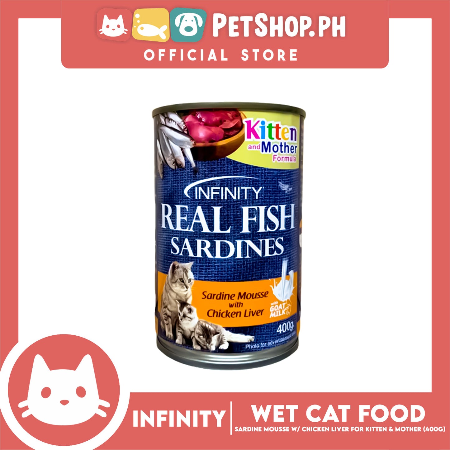 Infinity Real Fish Sardines Kitten and Mother Cat Can Wet Food (Sardine Mousse with Chicken Liver) 400g