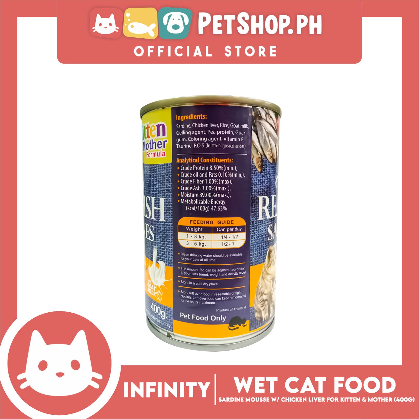 Infinity Real Fish Sardines Kitten and Mother Cat Can Wet Food (Sardine Mousse with Chicken Liver) 400g