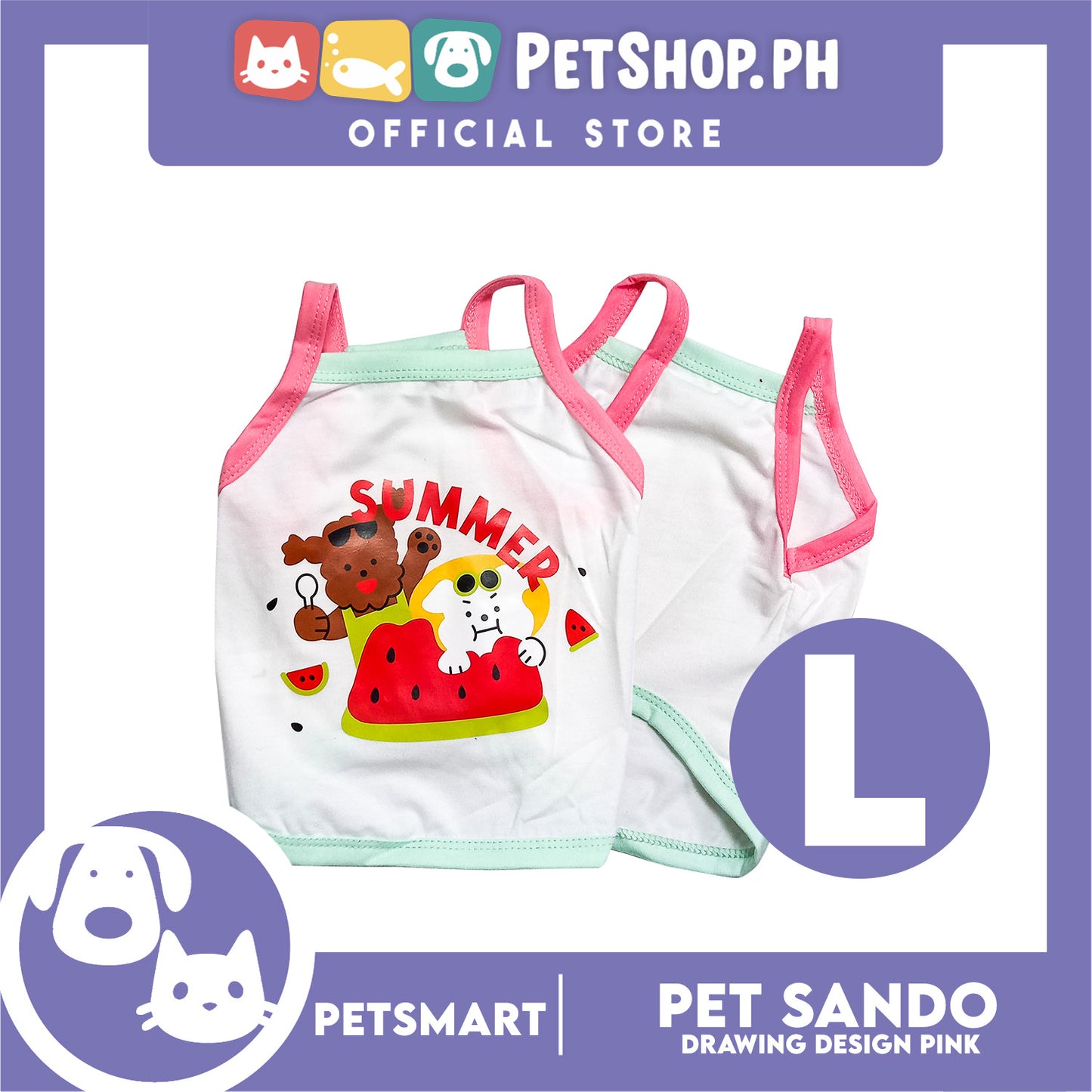 Pet Sando White Summer Print Design Pink/Blue Piping Large Size (CWYF1868) Clothes for cats and dogs