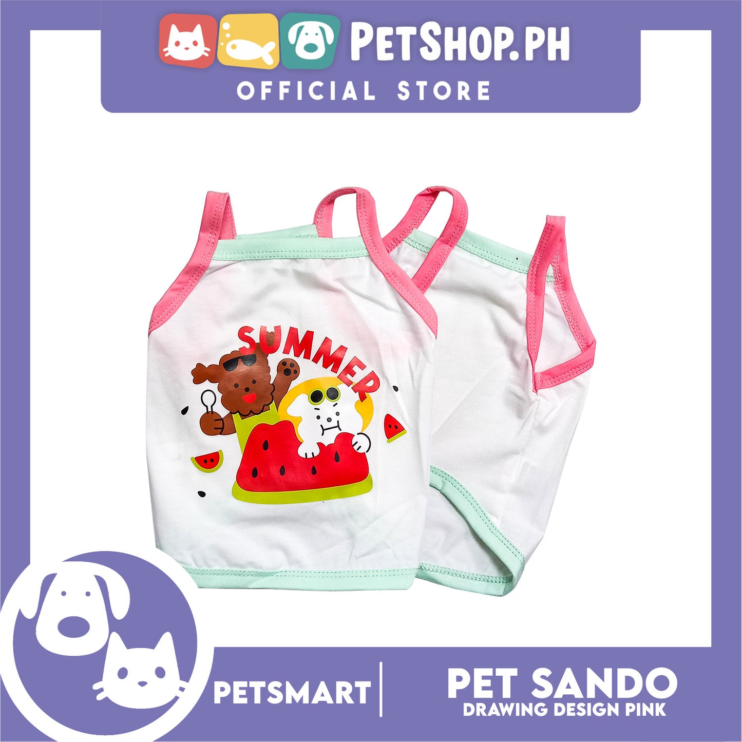 Pet Sando White Summer Print Design Pink/Blue Piping Large Size (CWYF1868) Clothes for cats and dogs