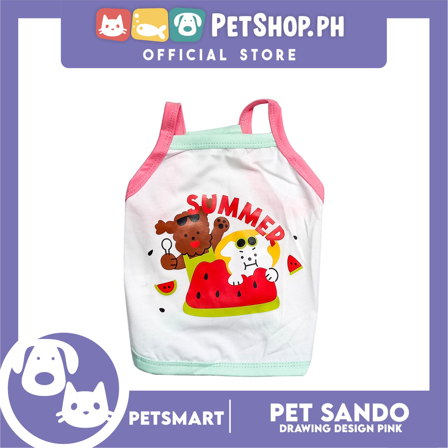 Pet Sando White Summer Print Design Pink/Blue Piping Large Size (CWYF1868) Clothes for cats and dogs