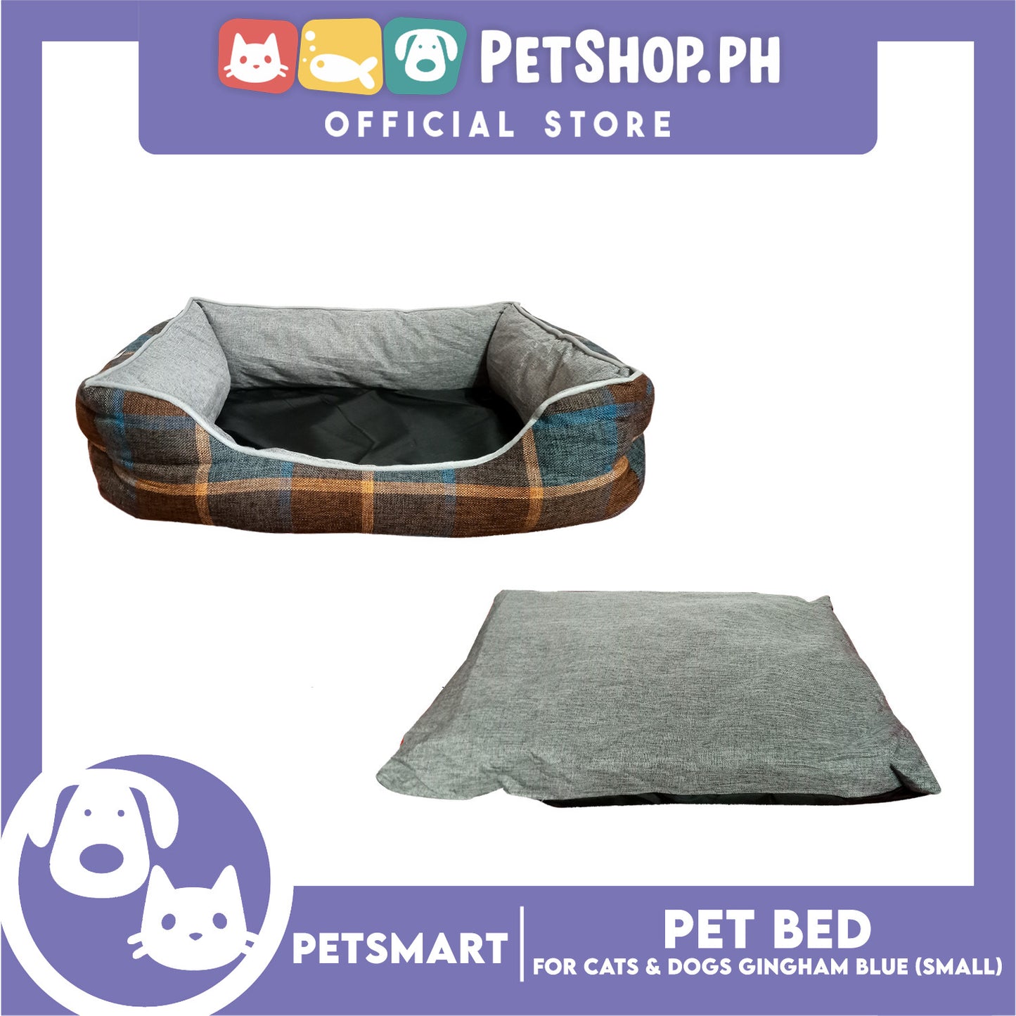 Pet Bed Cat Dog Bed Washable Gingham Black (Small) with removable cushion