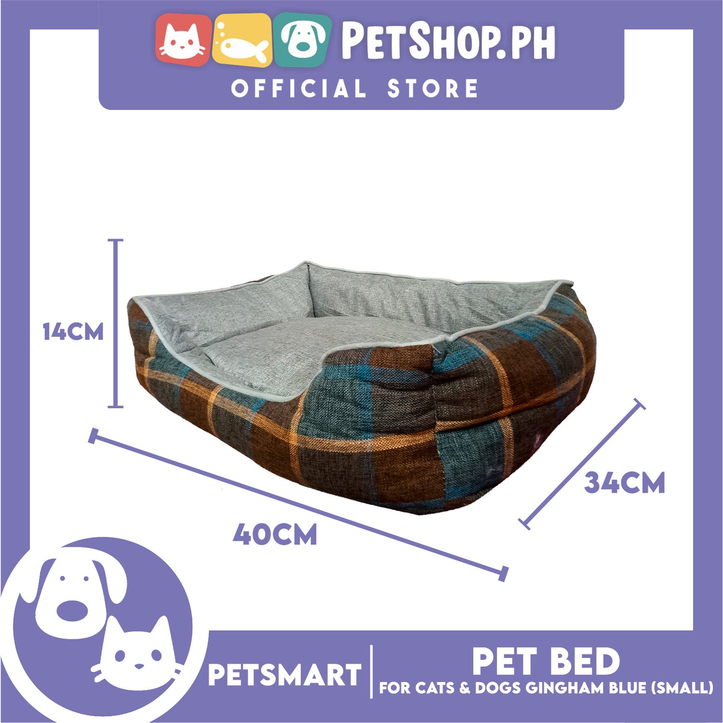 Pet Bed Cat Dog Bed Washable Gingham Black (Small) with removable cushion