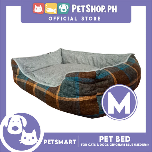 Pet Bed Cat Dog Bed Washable Gingham Blue (Medium) with removable cushion