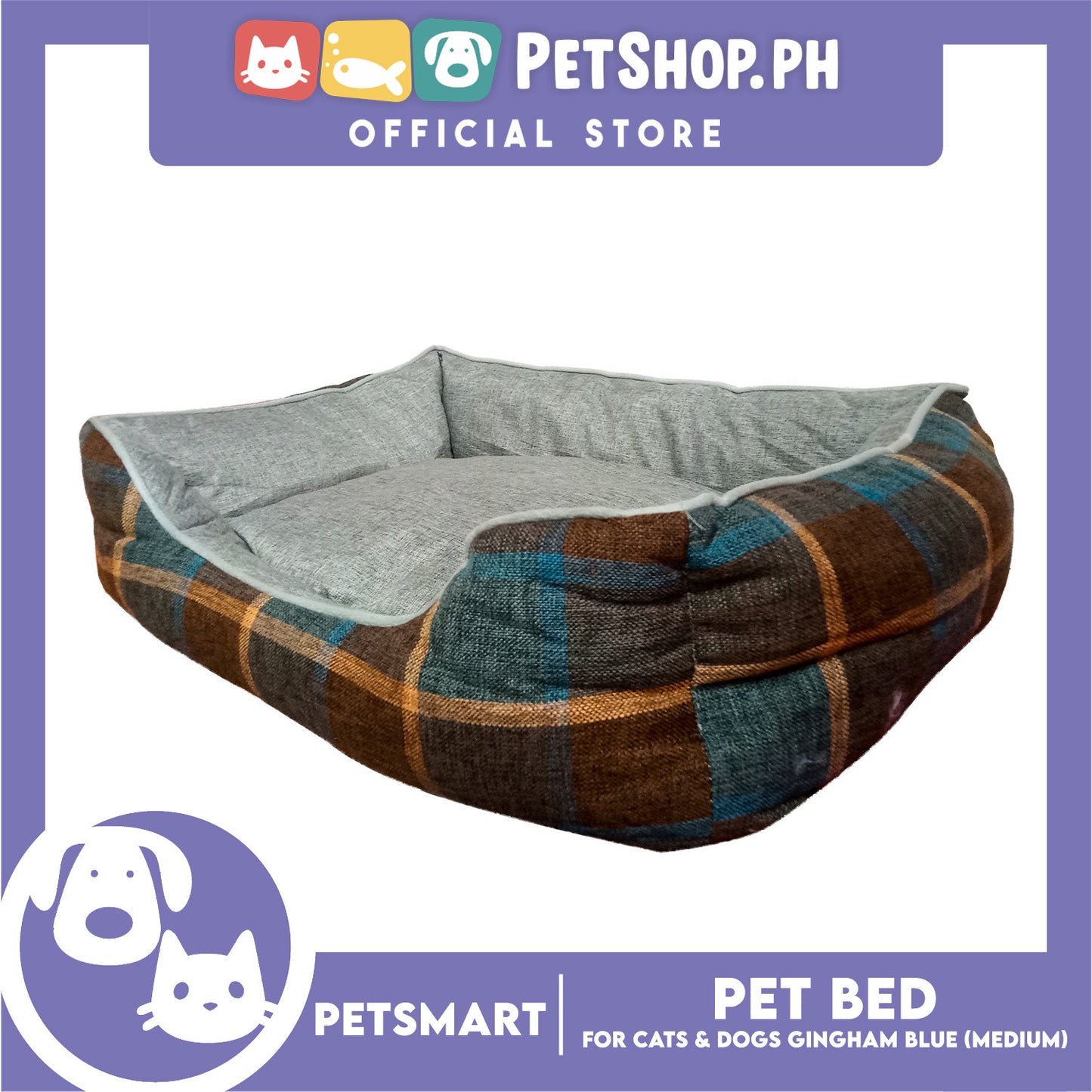 Pet Bed Cat Dog Bed Washable Gingham Blue (Medium) with removable cushion