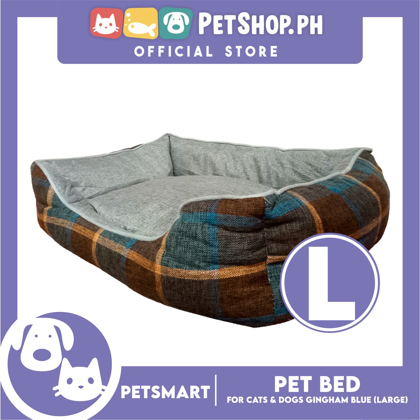 Pet Bed Cat Dog Bed Washable Gingham Blue (Large) with removable cushion
