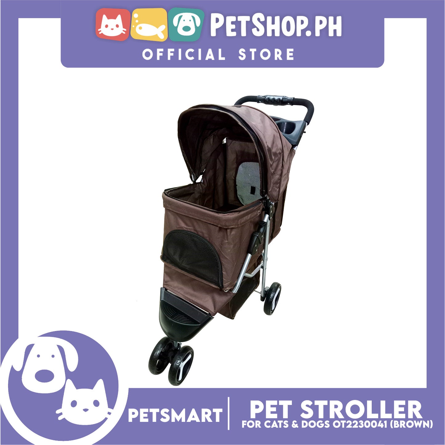 Pet Stroller 3 Wheels for Cats and Dogs, Brown Color (OT2230041) 36cm x 73cm x 105cm