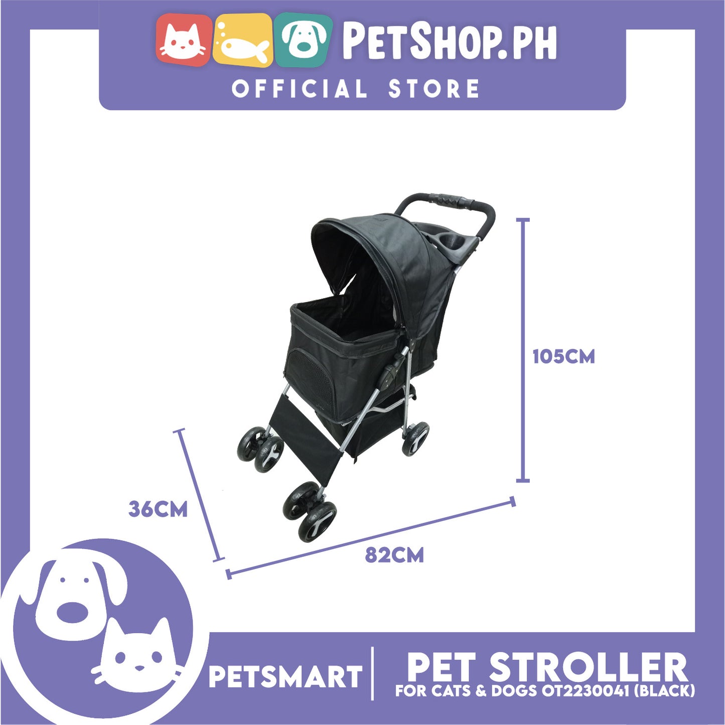 Pet Stroller 4 Wheels for Cats and Dogs, Black Color (OT2230042) 36cm x 82cm x 105cm