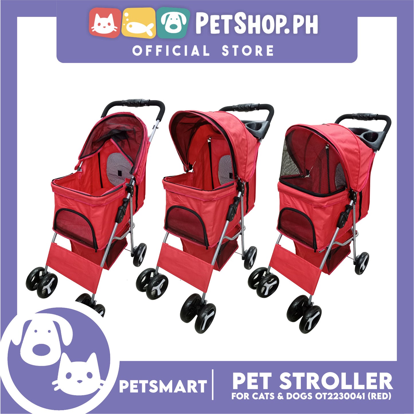 Pet Stroller 4 Wheels for Cats and Dogs, Red Color (OT2230042) 36cm x 82cm x 105cm