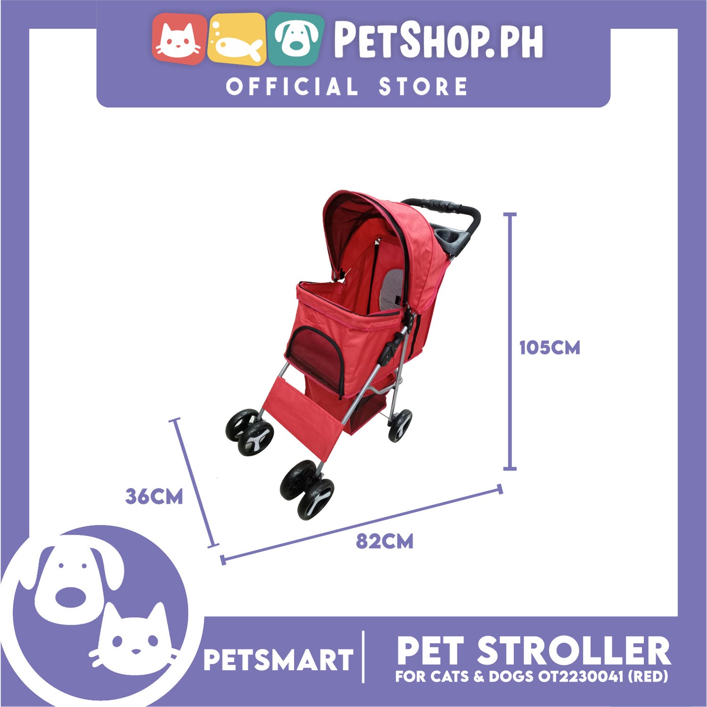 Pet Stroller 4 Wheels for Cats and Dogs, Red Color (OT2230042) 36cm x 82cm x 105cm