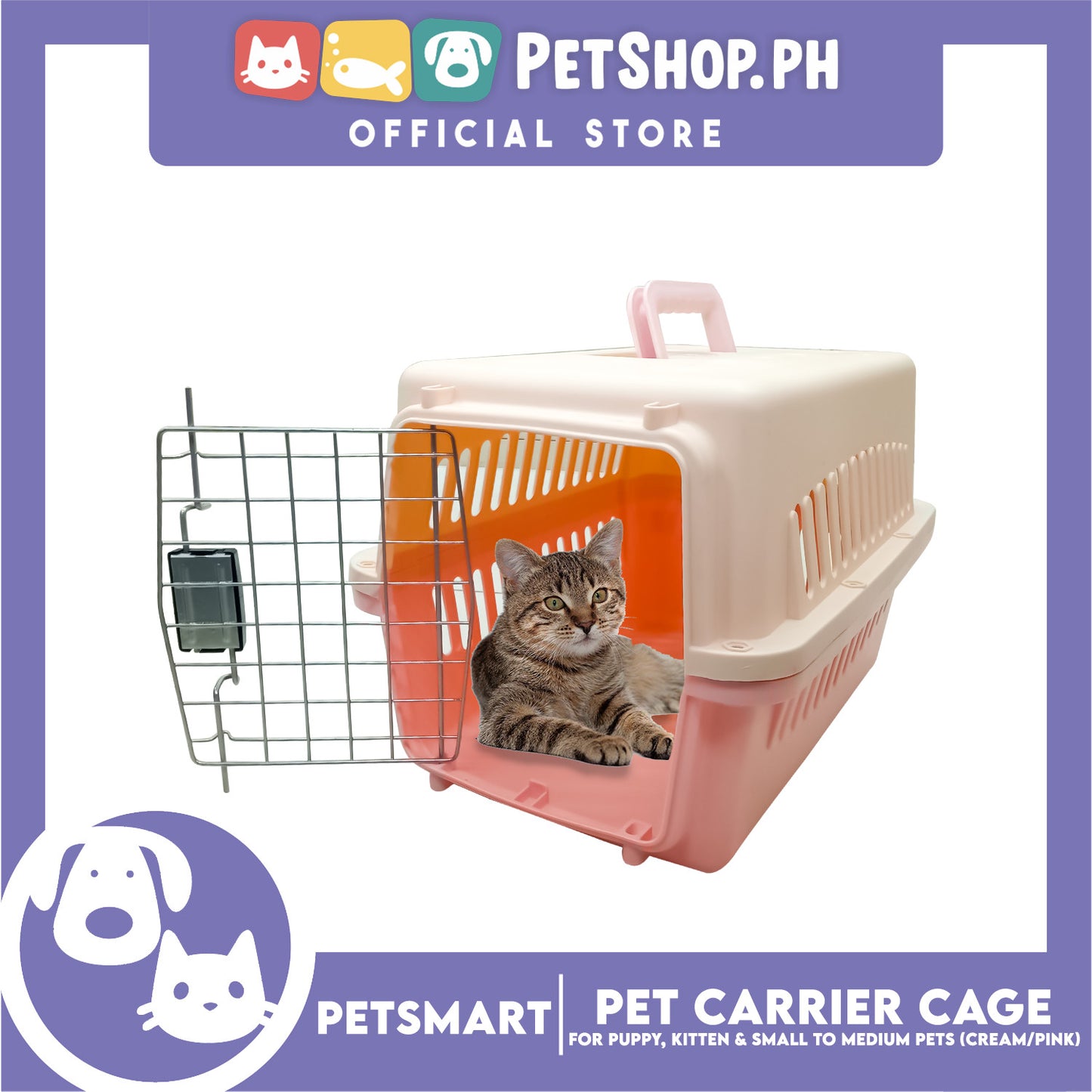 Pet Travel Carrier / Cage (Cream Pink) Paw Prints Design for Small to Medium Pets