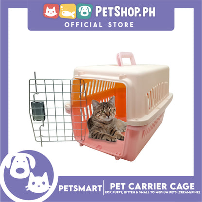 Pet Travel Carrier / Cage (Cream Pink) Paw Prints Design for Small to Medium Pets