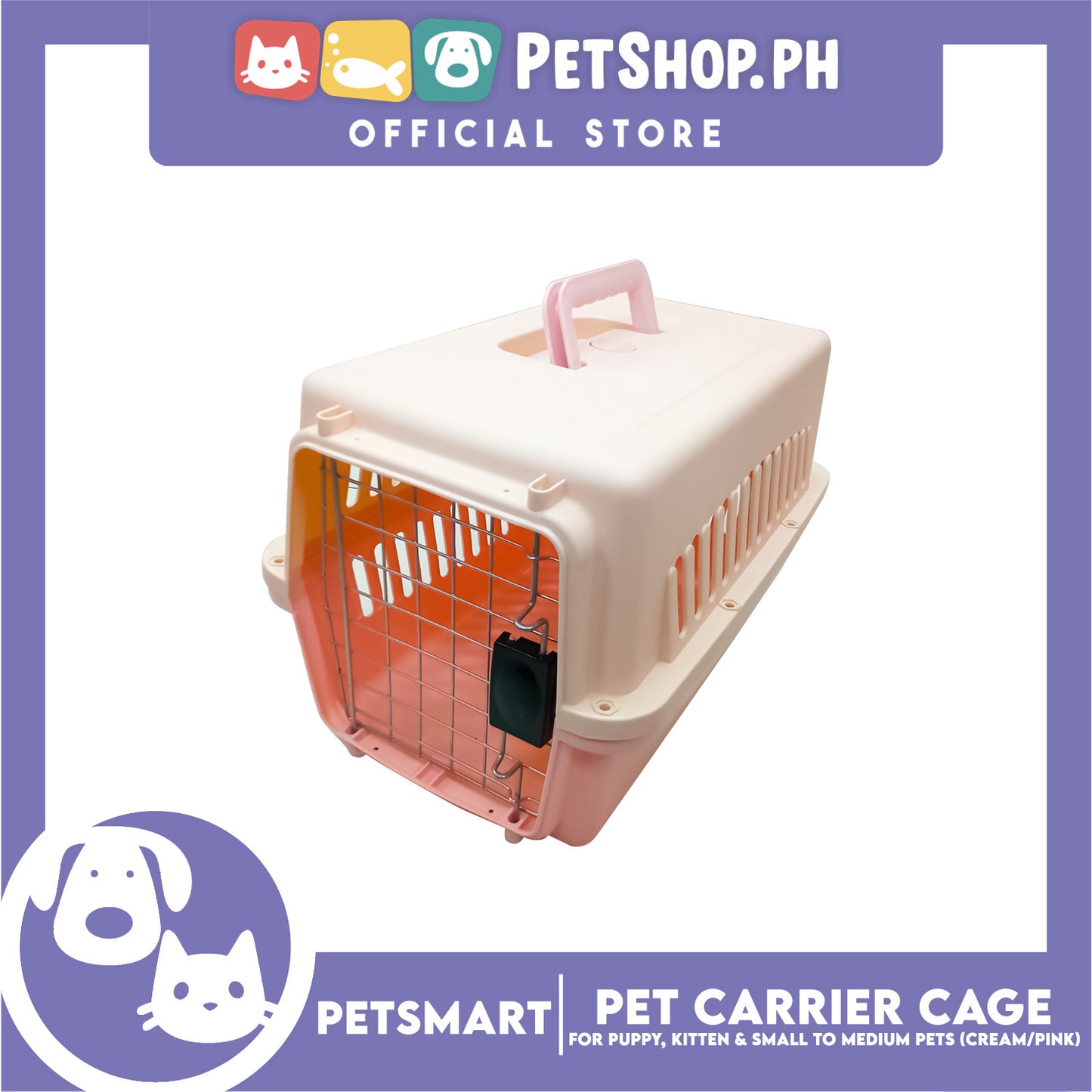 Pet Travel Carrier / Cage (Cream Pink) Paw Prints Design for Small to Medium Pets