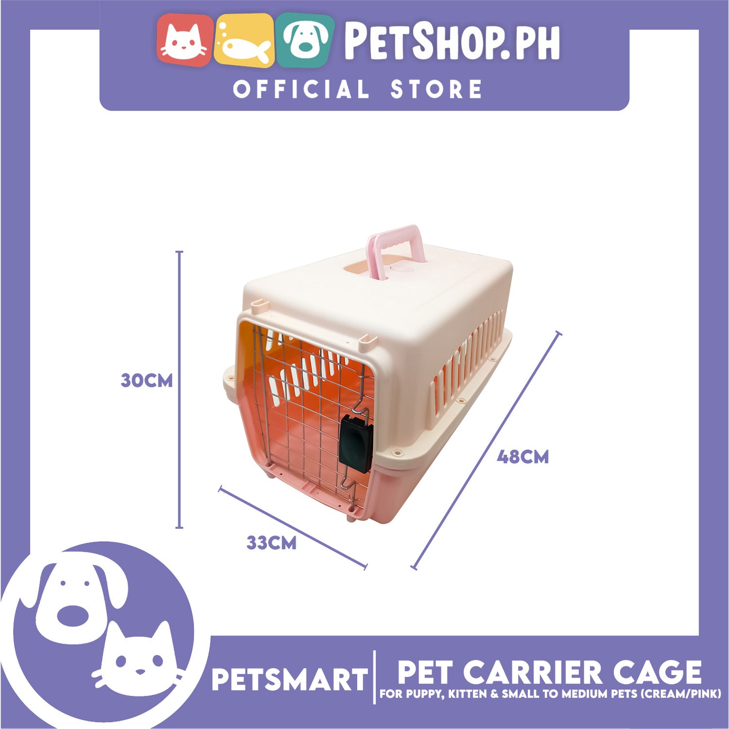 Pet Travel Carrier / Cage (Cream Pink) Paw Prints Design for Small to Medium Pets