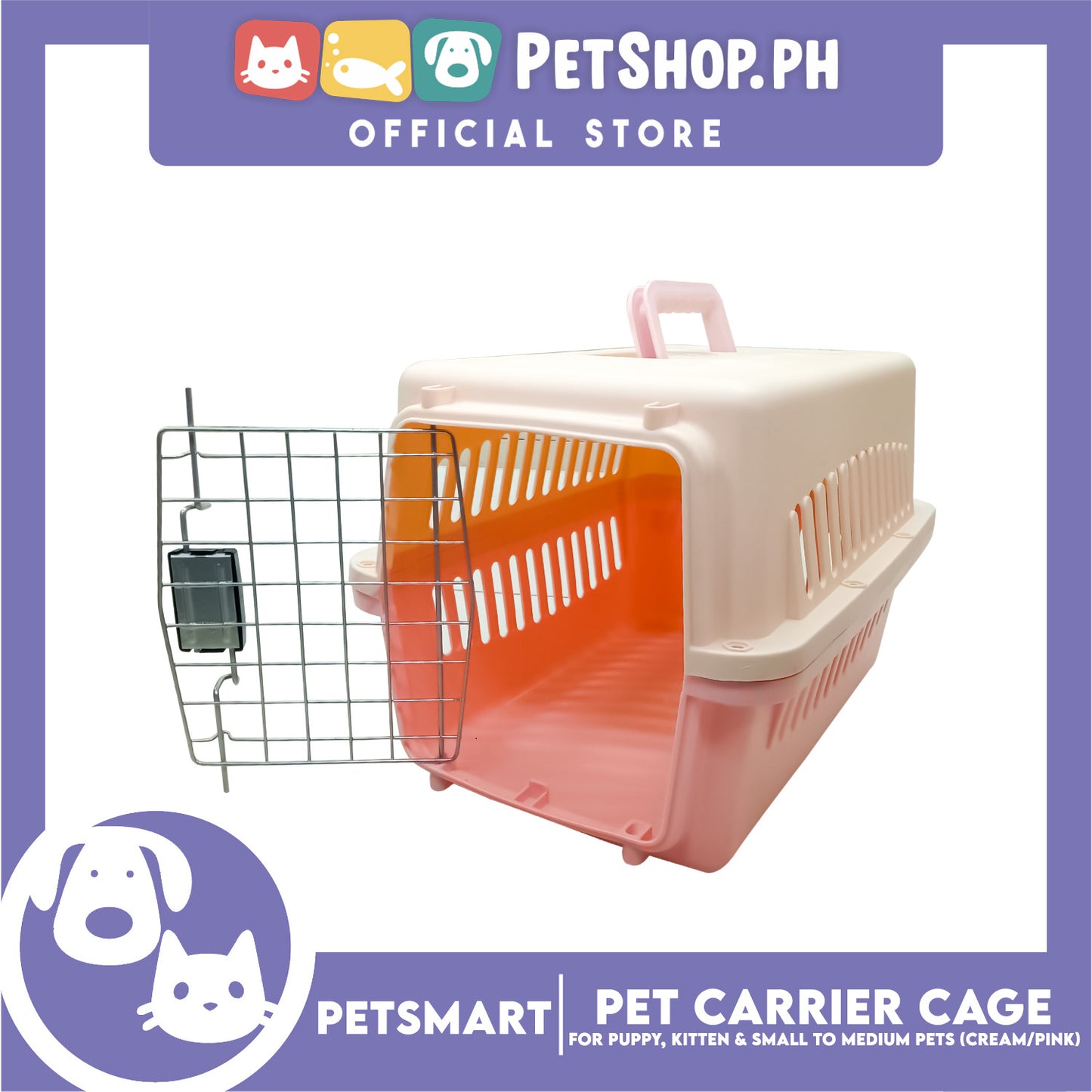 Pet Travel Carrier / Cage (Cream Pink) Paw Prints Design for Small to Medium Pets