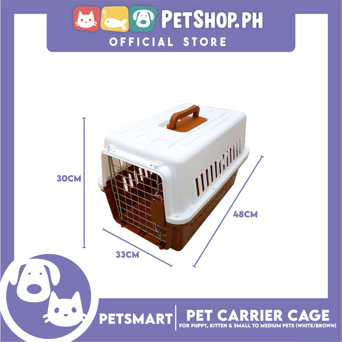Pet Travel Carrier / Cage (White Brown) for Small to Medium Pets