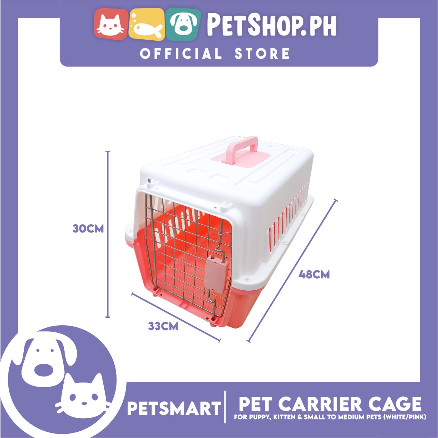 Pet Travel Carrier / Cage (White Pink) for Small to Medium Pets