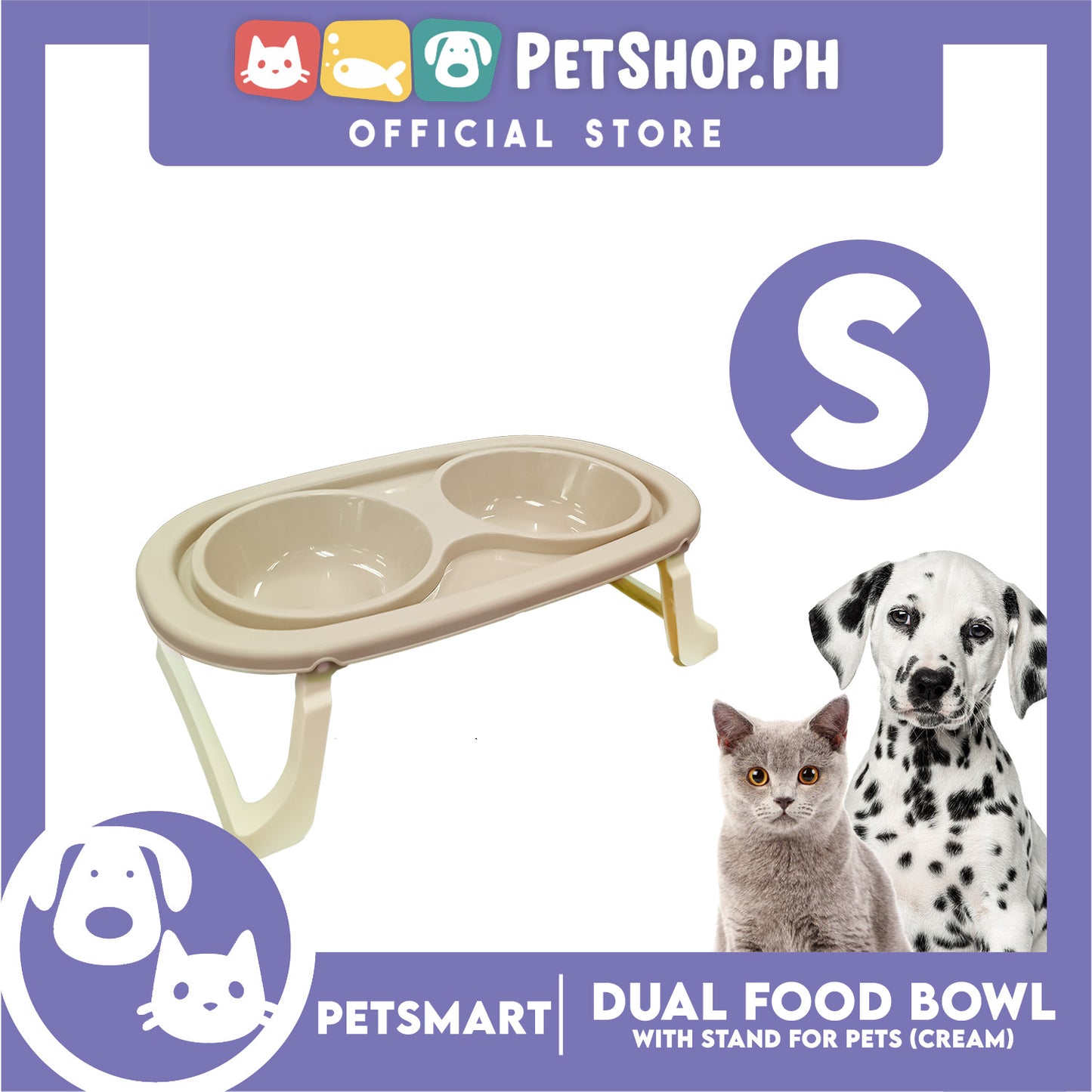 Pet Double Food Bowl With Stand (Cream) Small