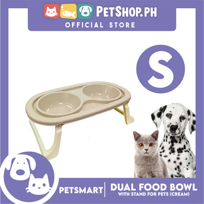Pet Double Food Bowl With Stand (Cream) Small