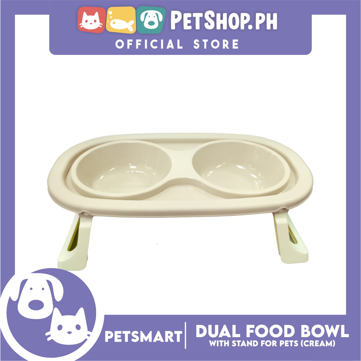 Pet Double Food Bowl With Stand (Cream) Small