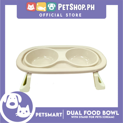 Pet Double Food Bowl With Stand (Cream) Small