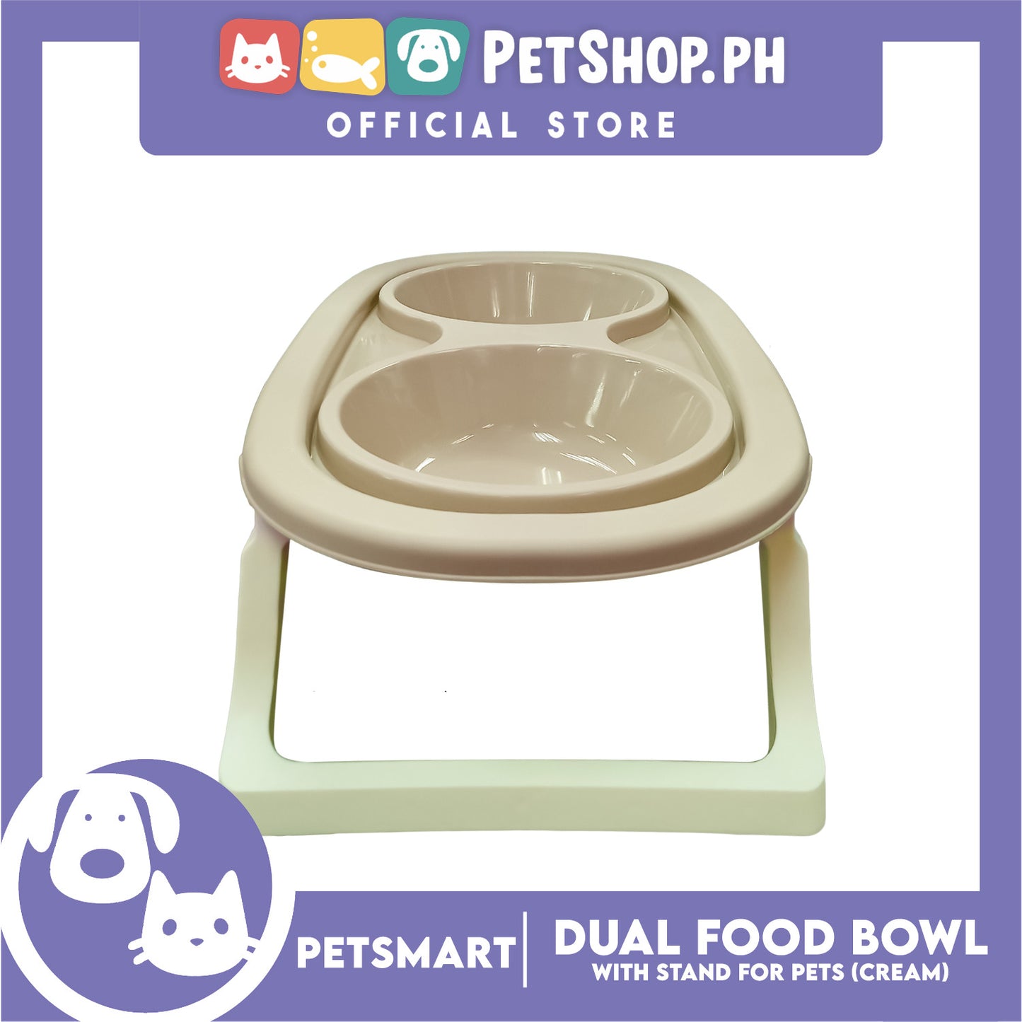Pet Double Food Bowl With Stand (Cream) Small