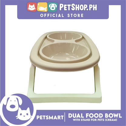 Pet Double Food Bowl With Stand (Cream) Small