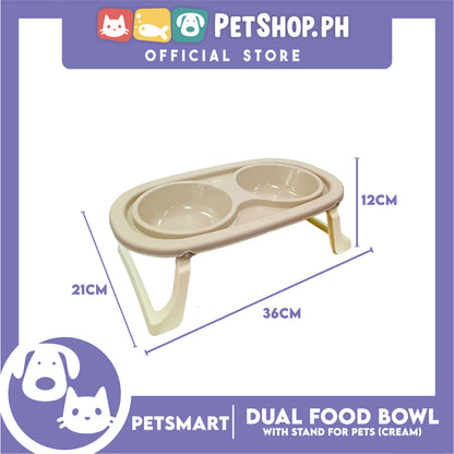 Pet Double Food Bowl With Stand (Cream) Small