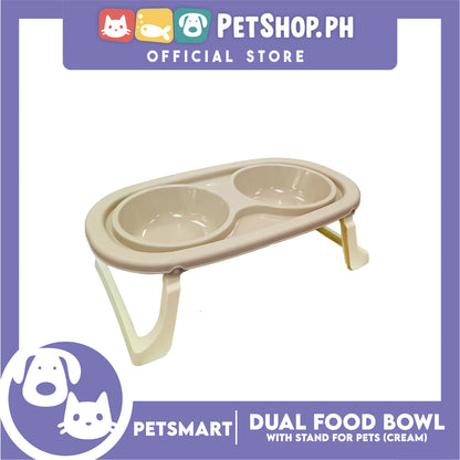 Pet Double Food Bowl With Stand (Cream) Small