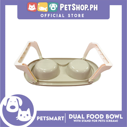 Pet Double Food Bowl With Stand (Cream) Small