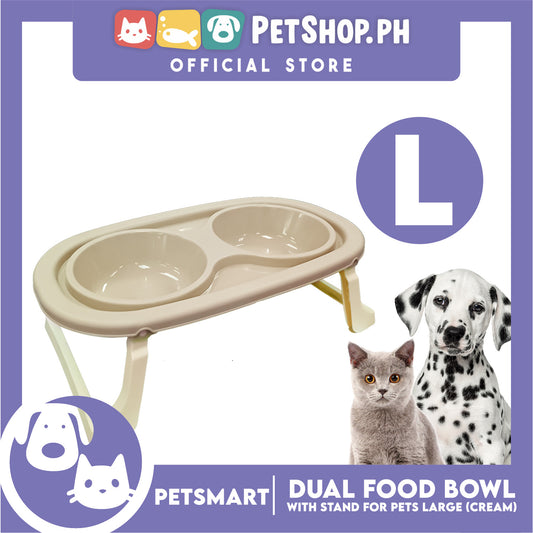 Pet Double Food Bowl With Stand (Cream) Large