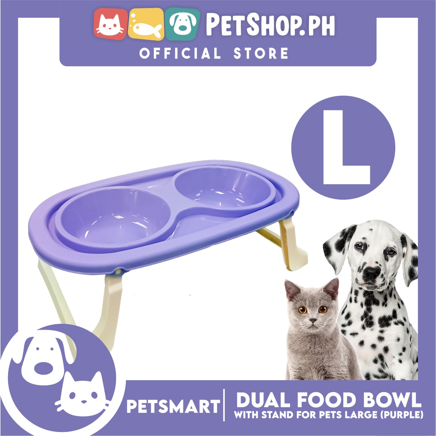 Pet Double Food Bowl With Stand (Purple) Large
