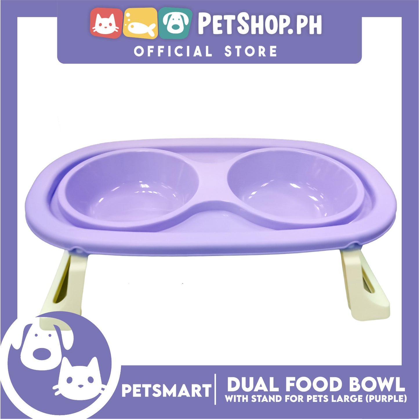 Pet Double Food Bowl With Stand (Purple) Large