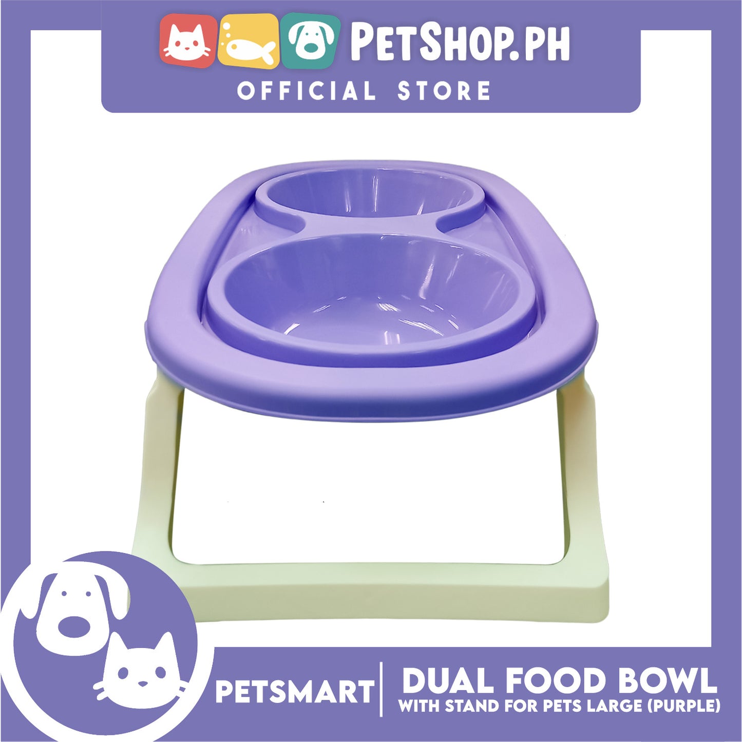 Pet Double Food Bowl With Stand (Purple) Large