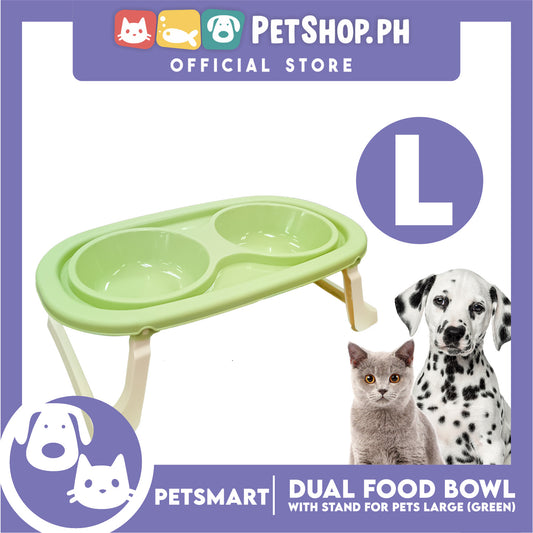 Pet Double Food Bowl With Stand (Green) Large