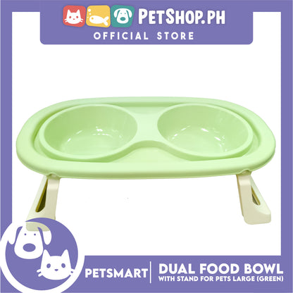 Pet Double Food Bowl With Stand (Green) Large