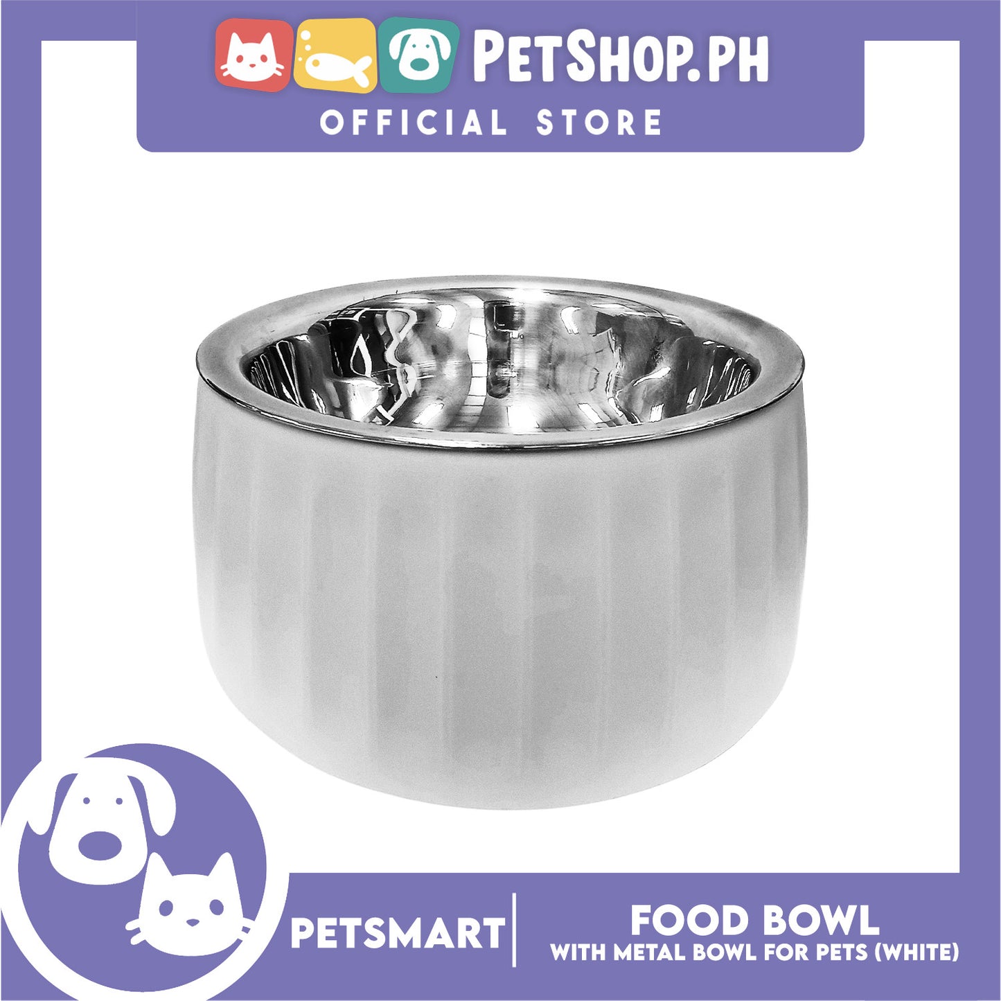 Pet Food Bowl with Removable Metal Bowl  Anti Slip (White) for Cats and Dogs