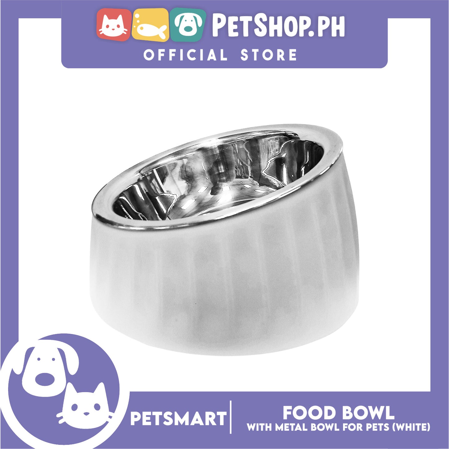 Pet Food Bowl with Removable Metal Bowl  Anti Slip (White) for Cats and Dogs
