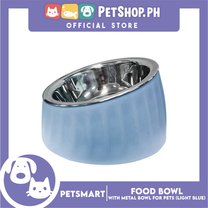 Pet Food Bowl with Removable Metal Bowl  Anti Slip (Light Blue) for Cats and Dogs