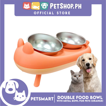 Pet Double Food Bowl With Metal Bowl (Orange) Cute Animal Design