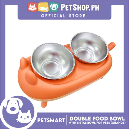 Pet Double Food Bowl With Metal Bowl (Orange) Cute Animal Design