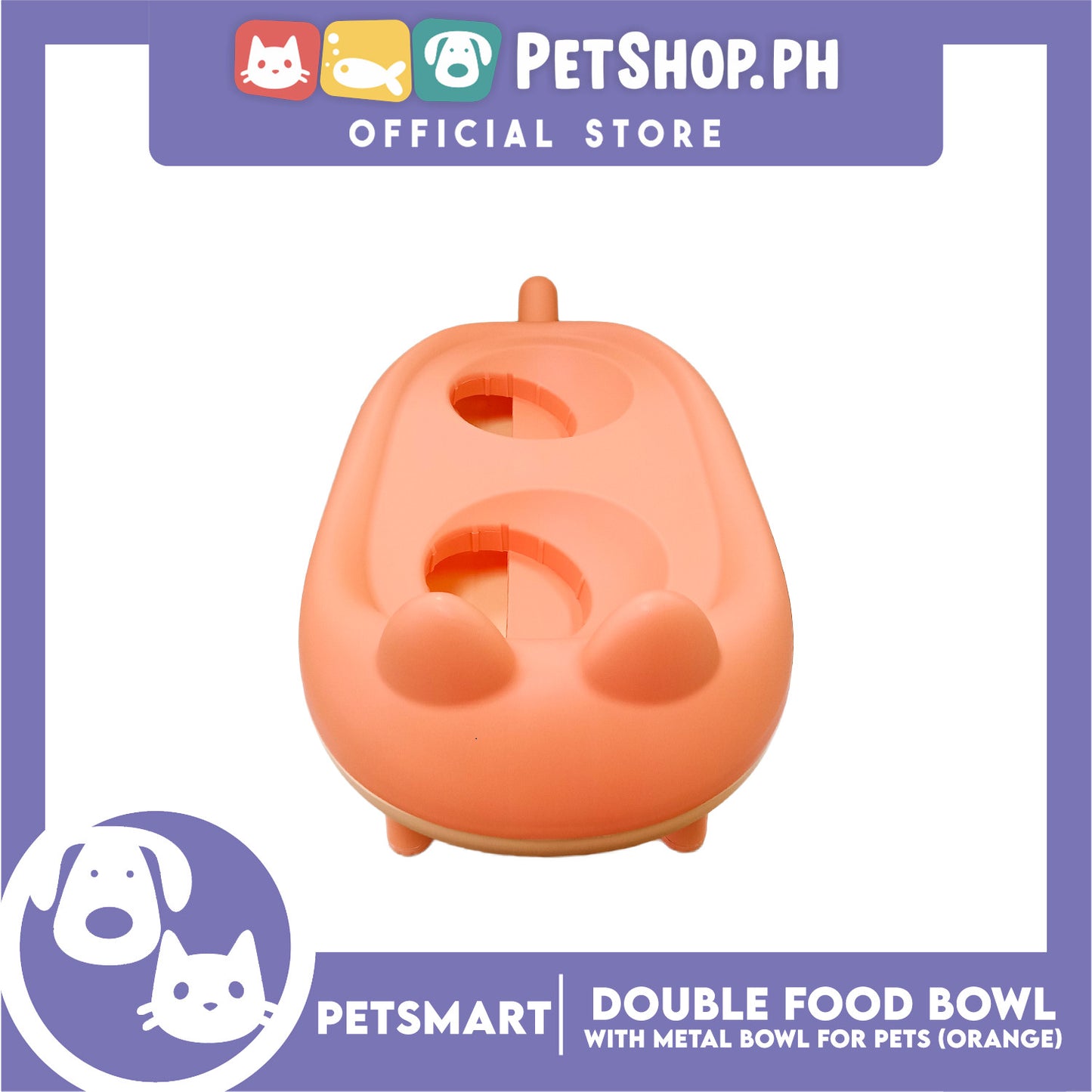 Pet Double Food Bowl With Metal Bowl (Orange) Cute Animal Design