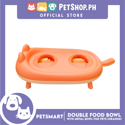 Pet Double Food Bowl With Metal Bowl (Orange) Cute Animal Design