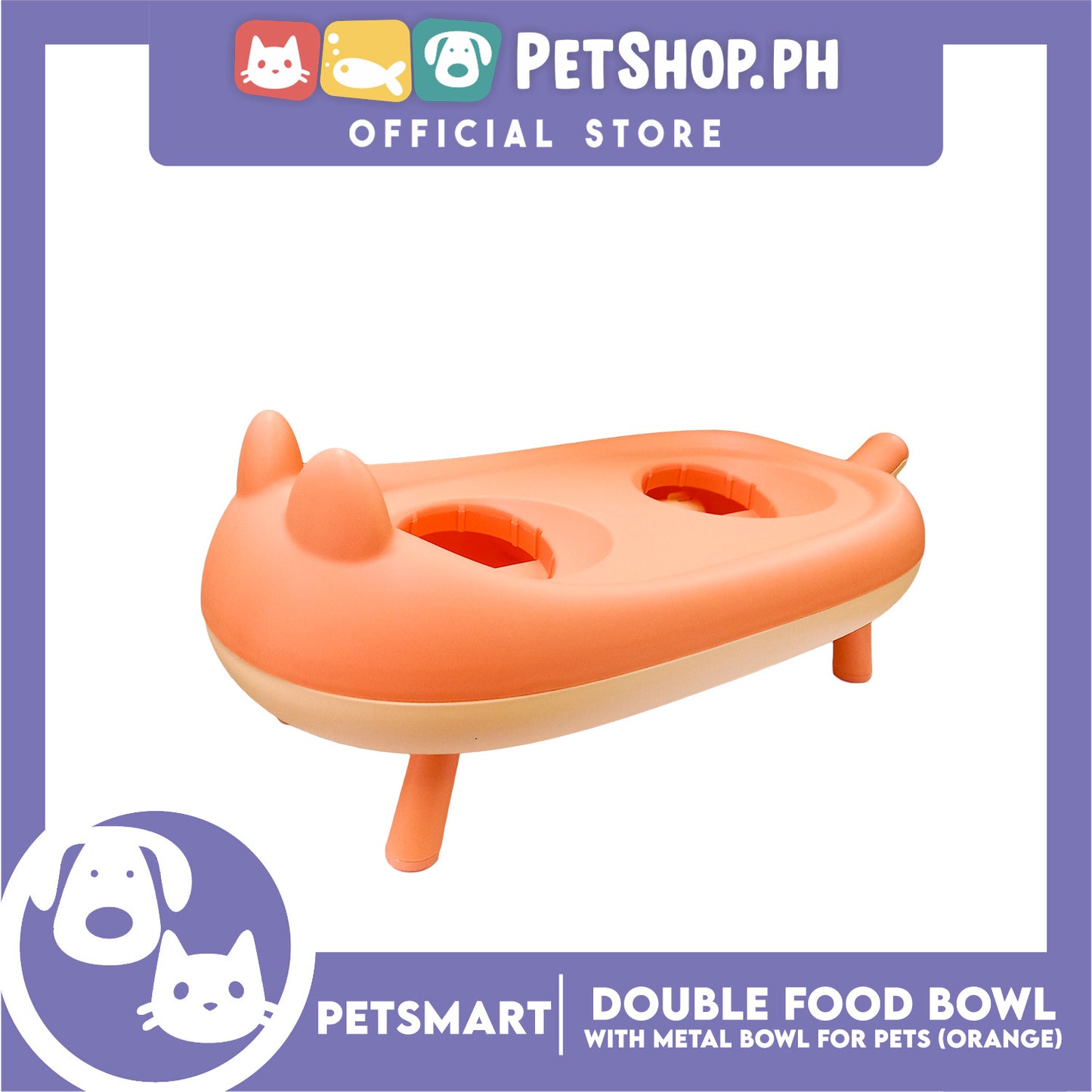 Pet Double Food Bowl With Metal Bowl (Orange) Cute Animal Design